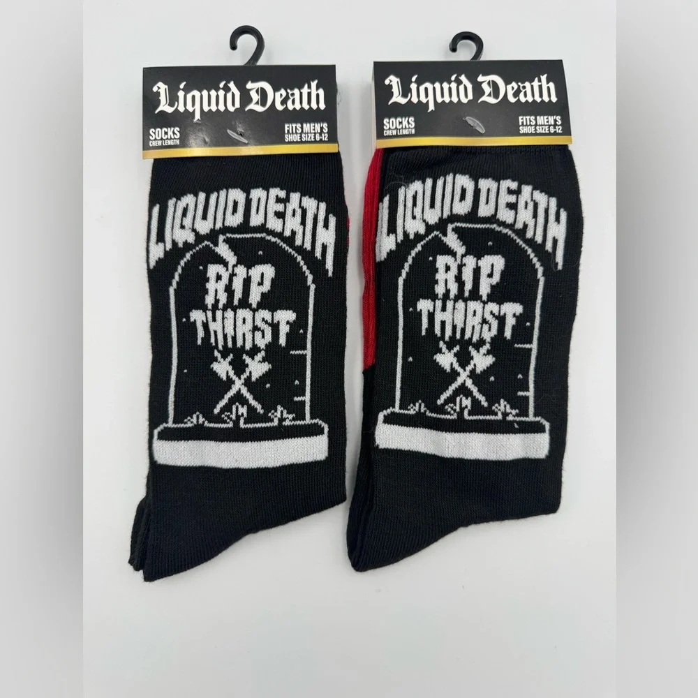 Liquid Death Crew Socks RIP Thirst Black Red Men's Size 6-12 NWT‎